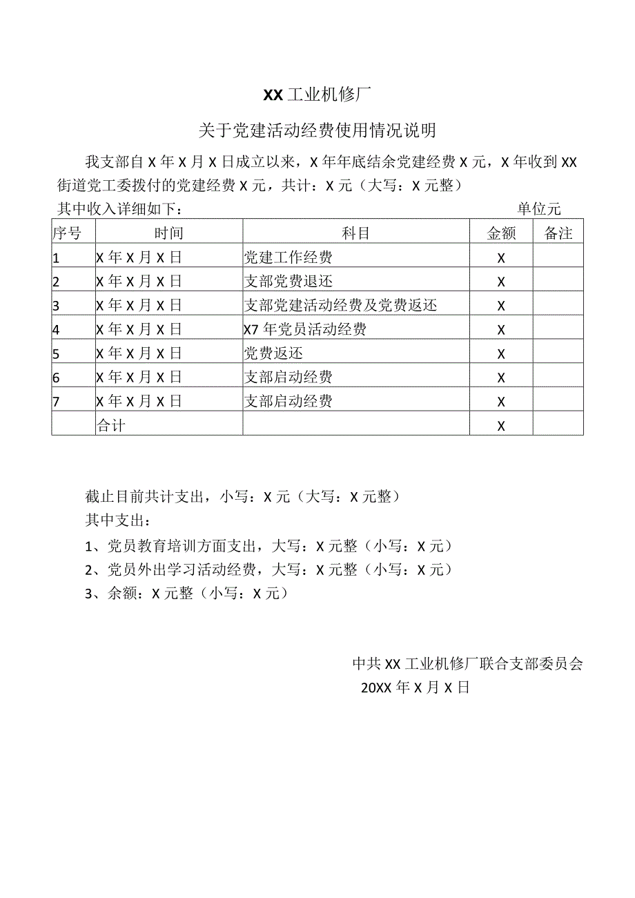 XX工业机修厂关于党建活动经费使用情况说明（2023年）.docx_第1页