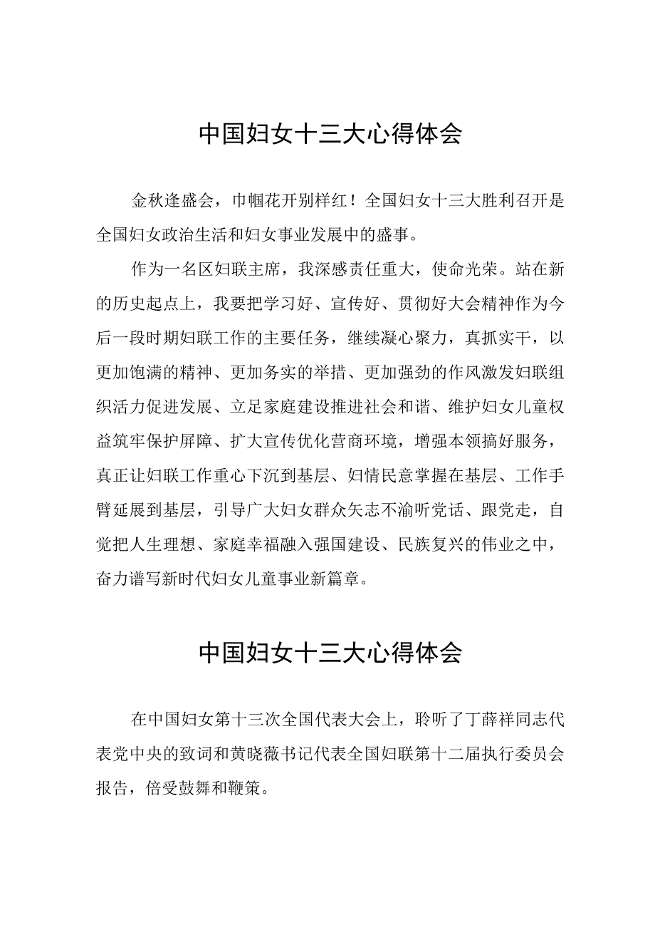 妇联主席学习中国妇女第十三次全国代表大会精神心得体会十八篇.docx_第1页