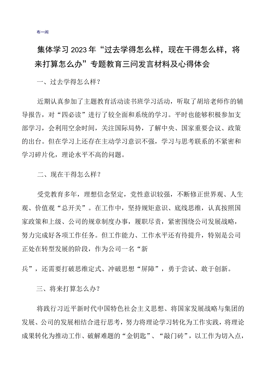 （多篇汇编）过去学得怎么样现在干得怎么样,将来打算怎么办集中教育三问发言材料及心得感悟.docx_第3页