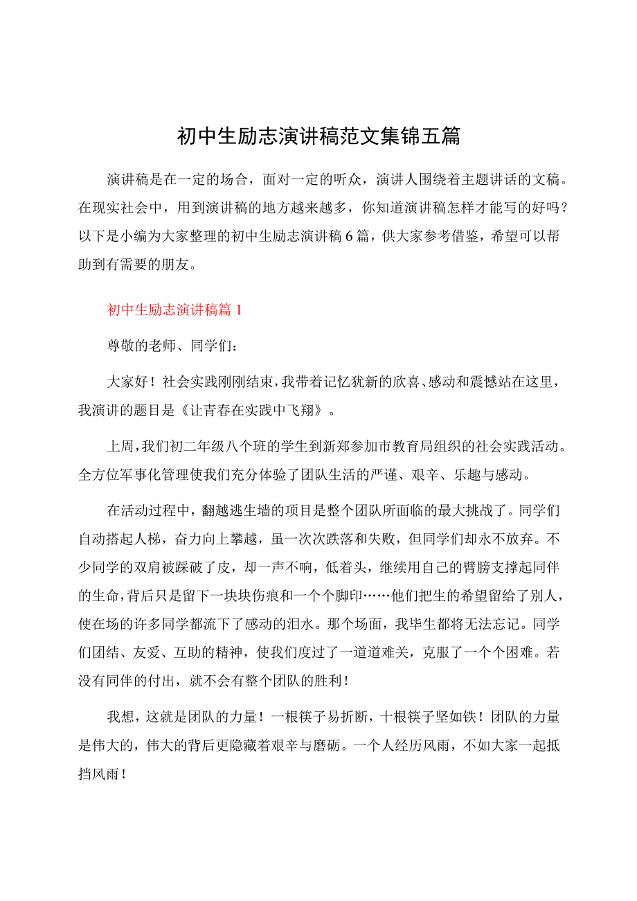 初中生励志演讲稿范文集锦五篇.docx_第1页