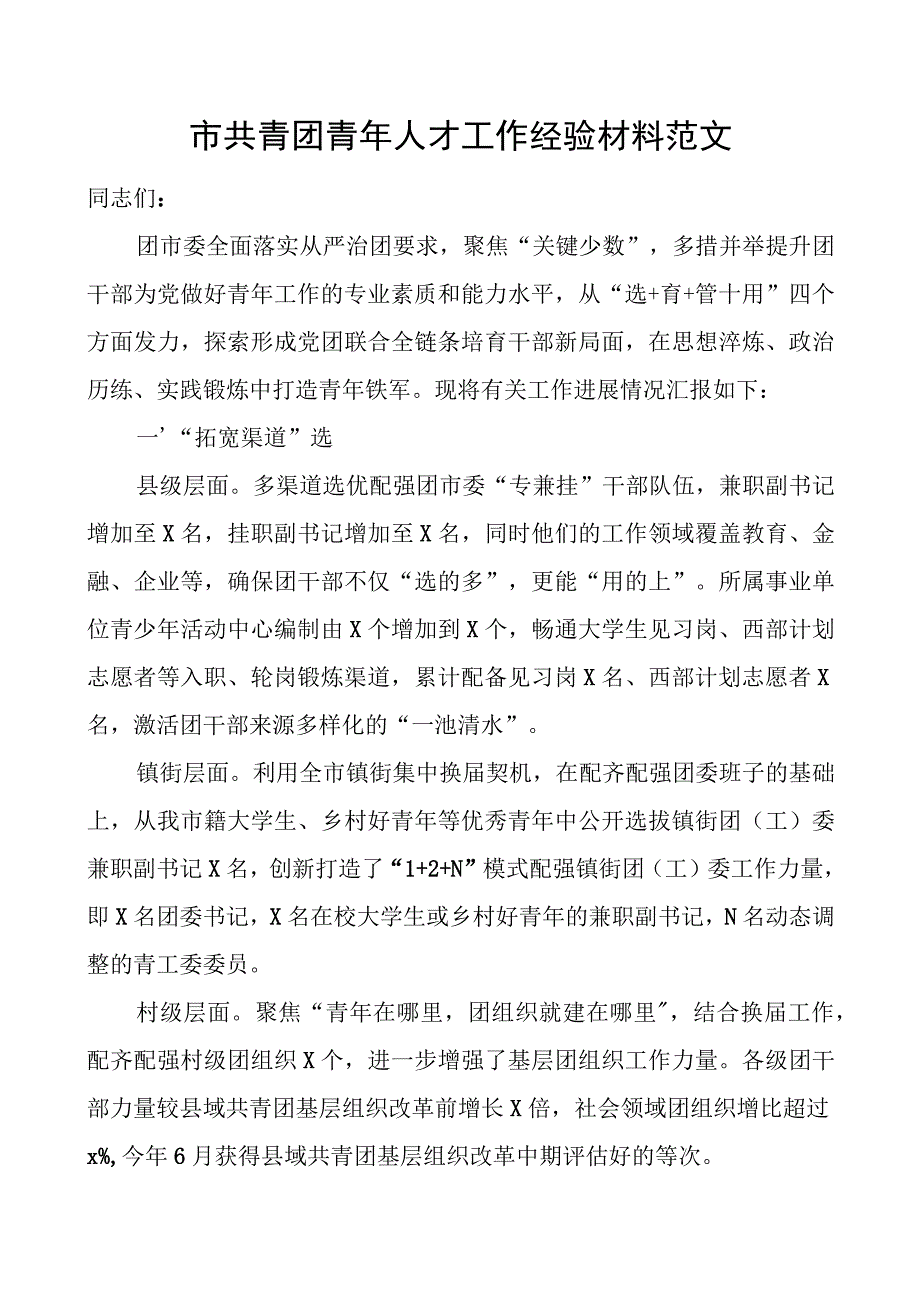 市共青团青年人才工作经验材料总结汇报报告.docx_第1页