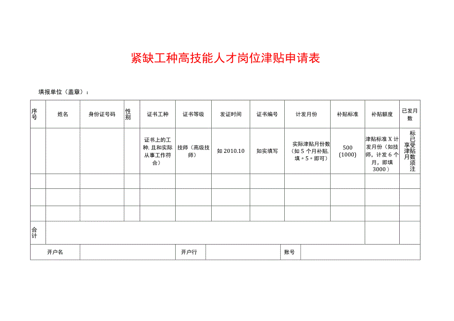 紧缺工种高技能人才岗位津贴申请表.docx_第1页