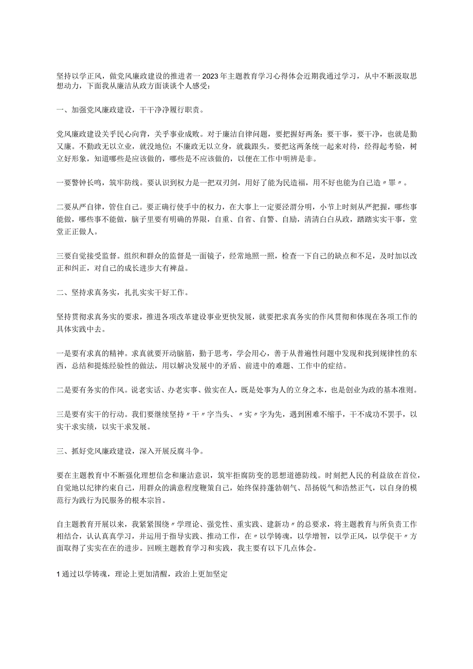 坚持以学正风做党风廉政建设的推进者---2023年主题教育学习心得体会.docx_第1页