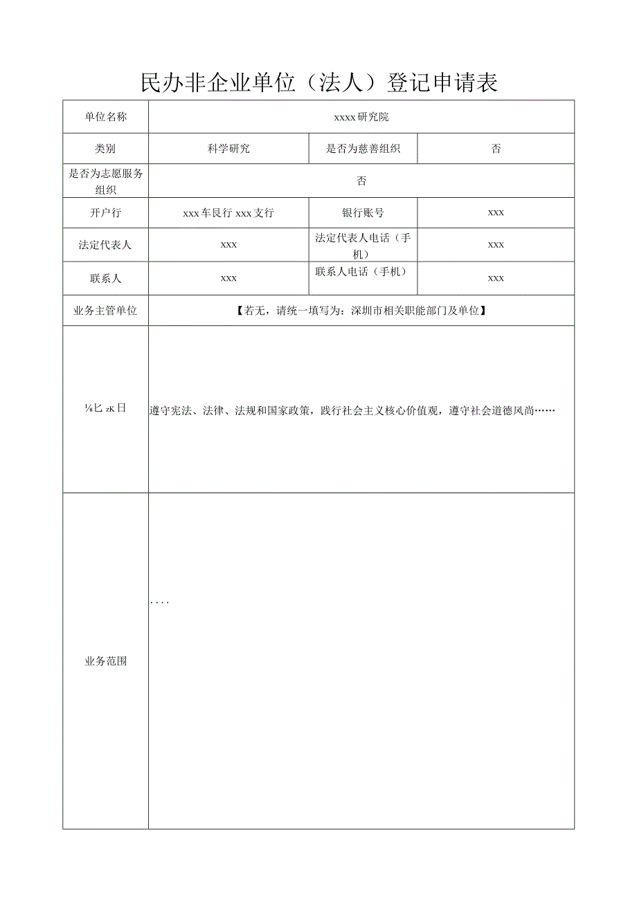 民办非企业单位成立登记申请表（样表）.docx_第1页