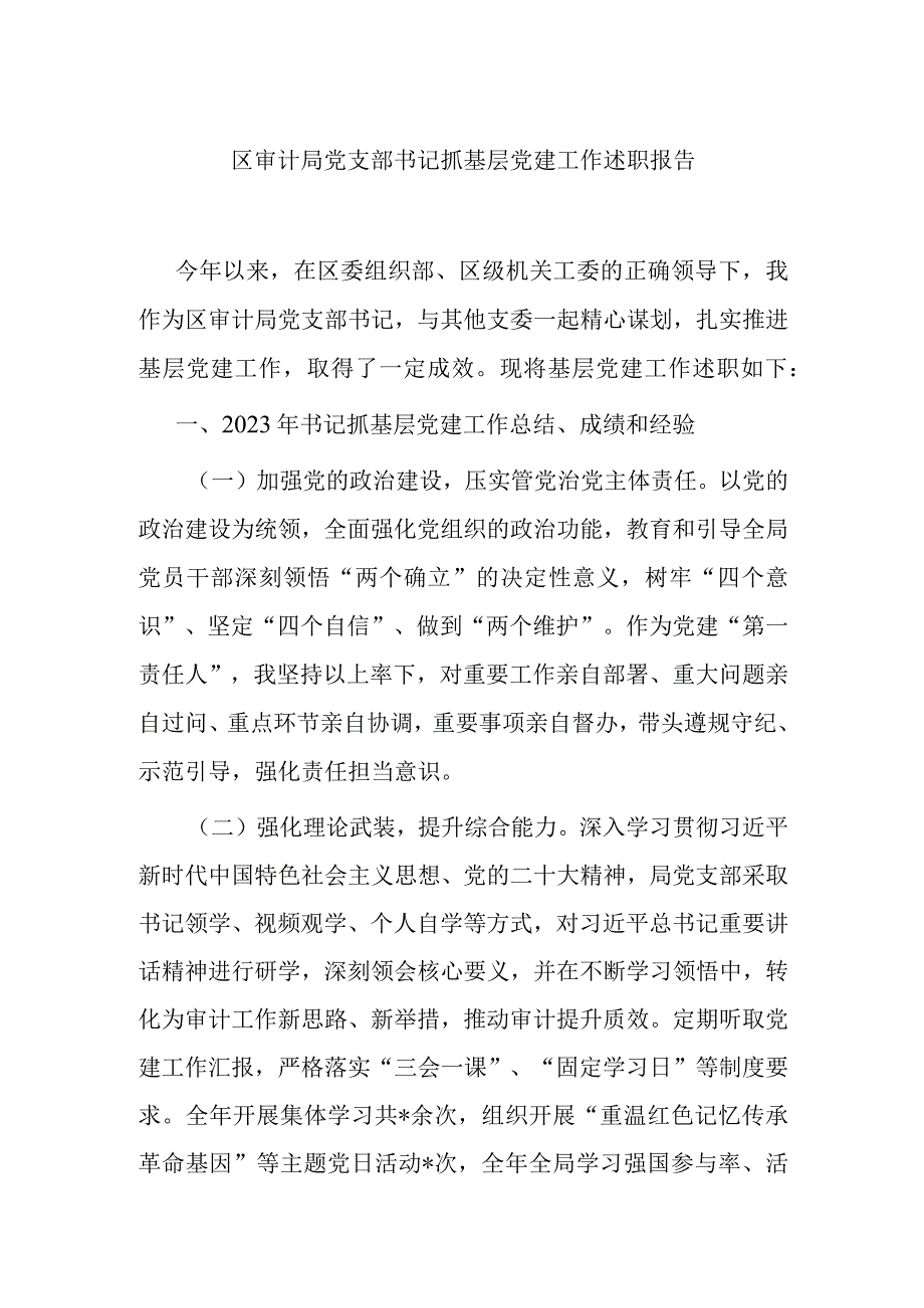 区审计局党支部书记抓基层党建工作述职报告.docx_第1页