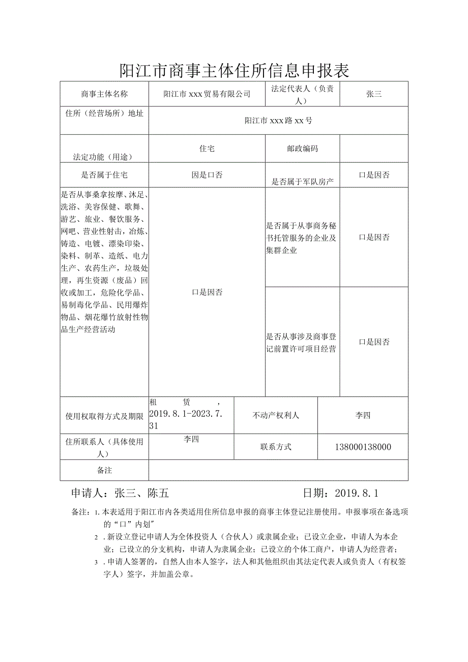 商事主体住所信息申报表和住宅改变为经营性用房登记承诺书（范本）.docx_第1页