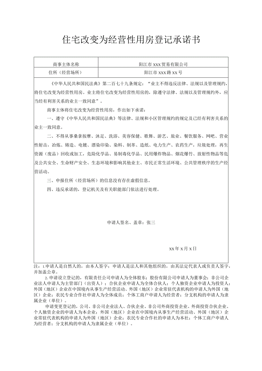 商事主体住所信息申报表和住宅改变为经营性用房登记承诺书（范本）.docx_第2页