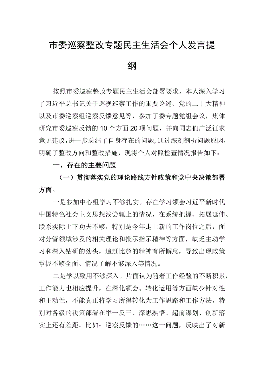 市委巡察整改专题民主生活会个人发言提纲.docx_第1页