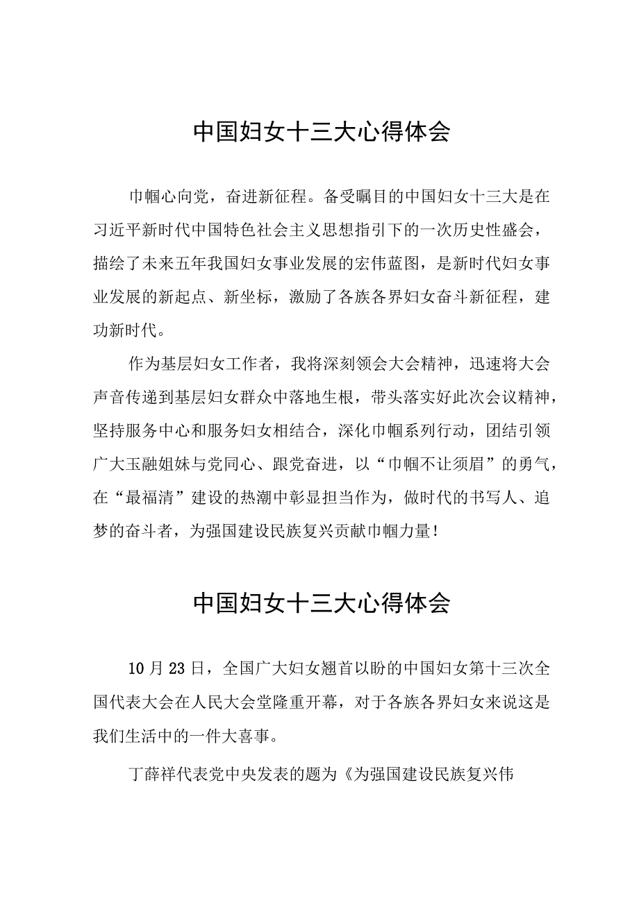 妇女工作者学习中国妇女第十三次全国代表大会精神心得体会三十三篇.docx_第1页