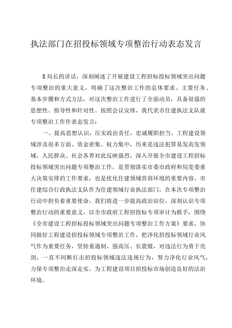 执法部门在招投标领域专项整治行动表态发言.docx_第1页