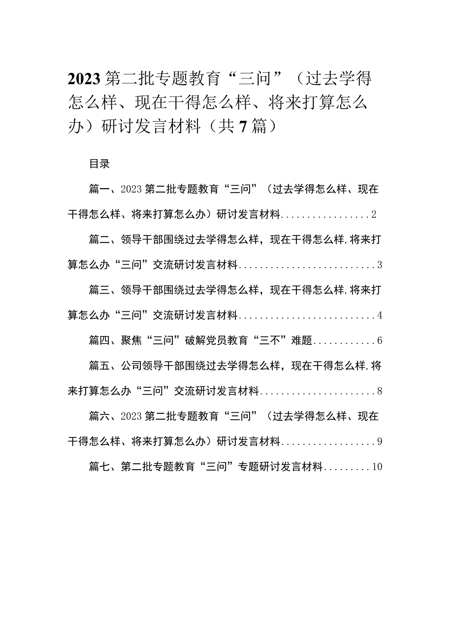 2023第二批专题教育“三问”（过去学得怎么样、现在干得怎么样、将来打算怎么办）研讨发言材料（共7篇）.docx_第1页