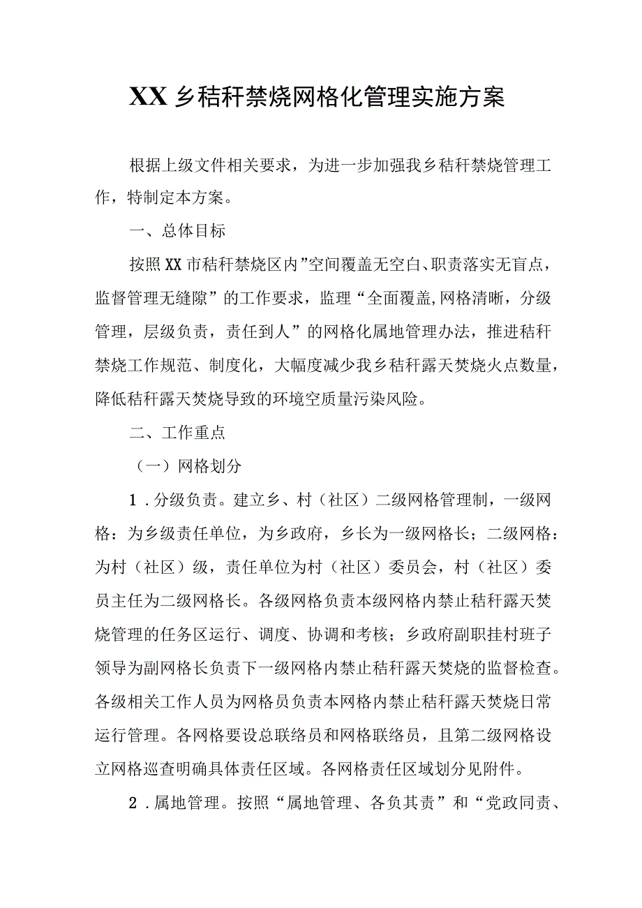 XX乡秸秆禁烧网格化管理实施方案.docx_第1页