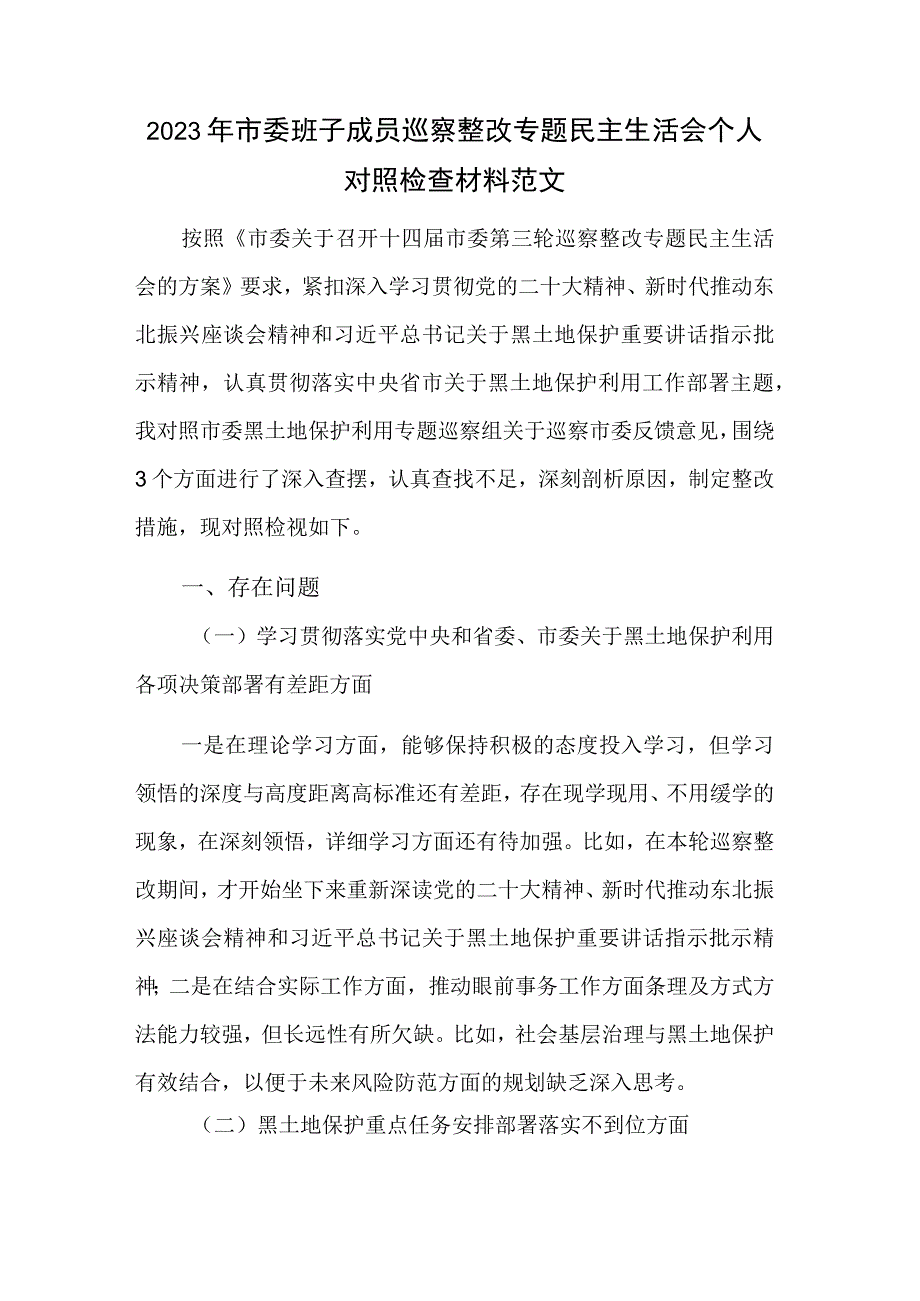 2023年市委班子成员巡察整改专题民主生活会个人对照检查材料范文.docx_第1页