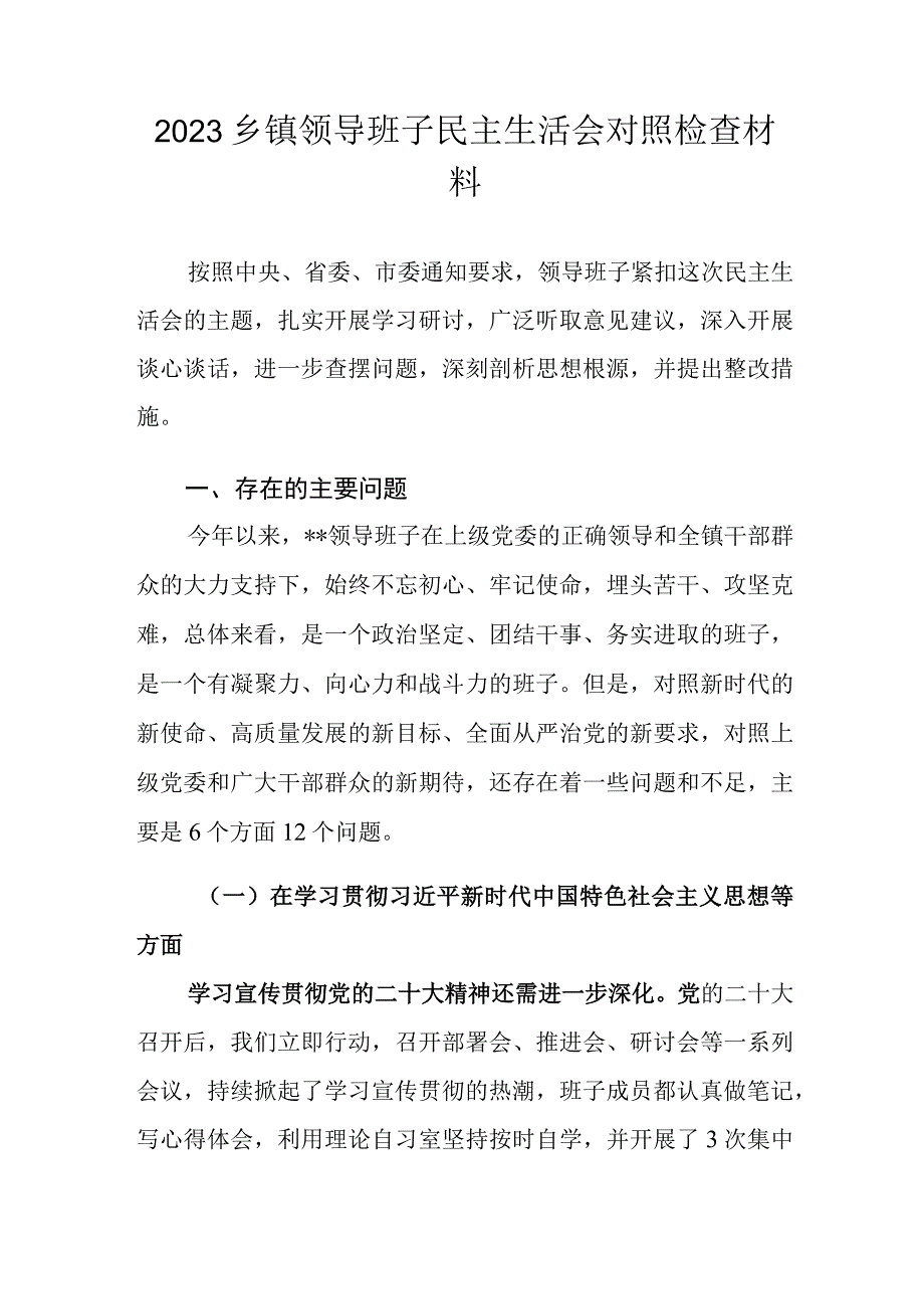 2023乡镇领导班子民主生活会对照检查材料.docx_第1页