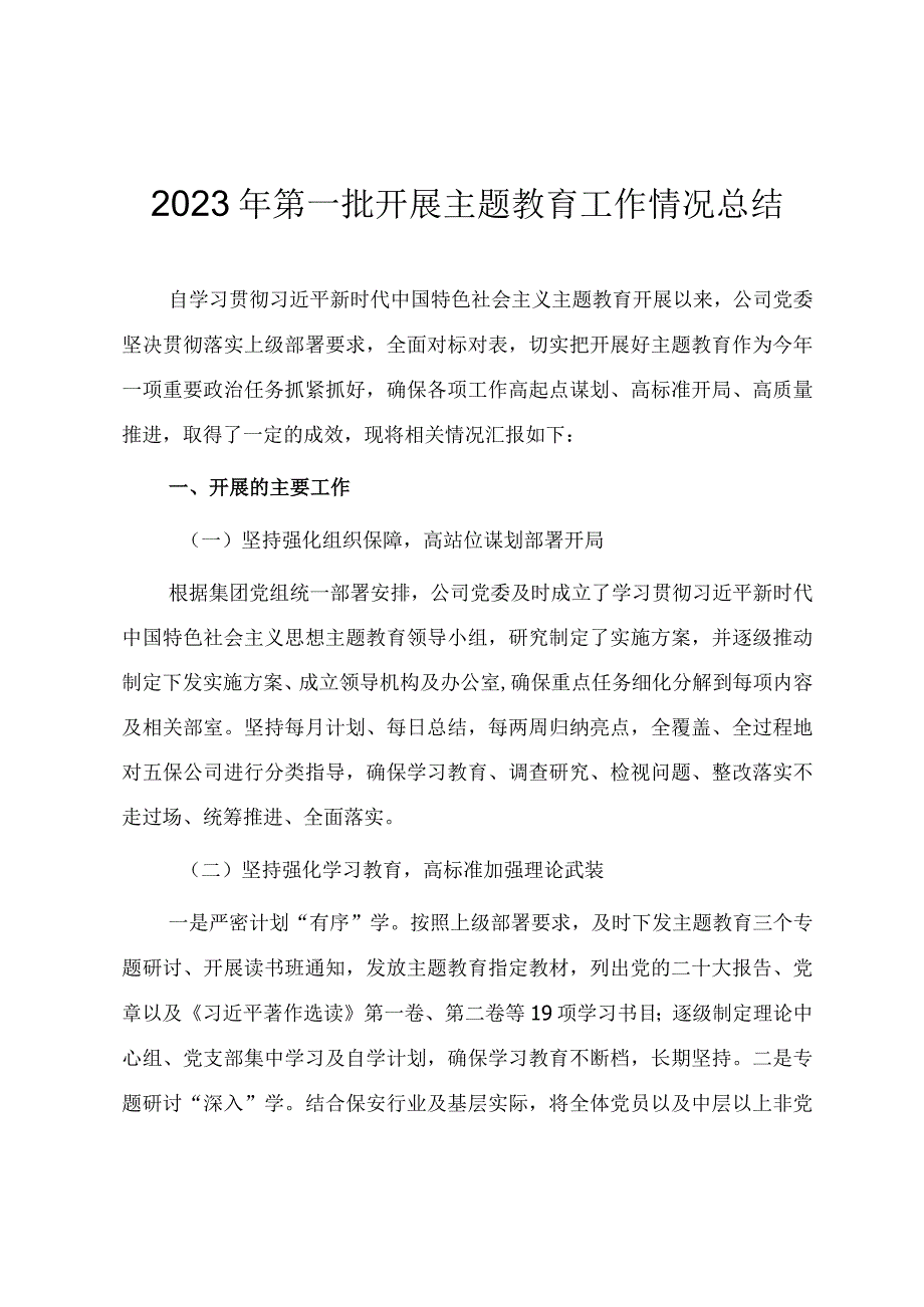 2023年第一批开展主题教育工作情况总结.docx_第1页