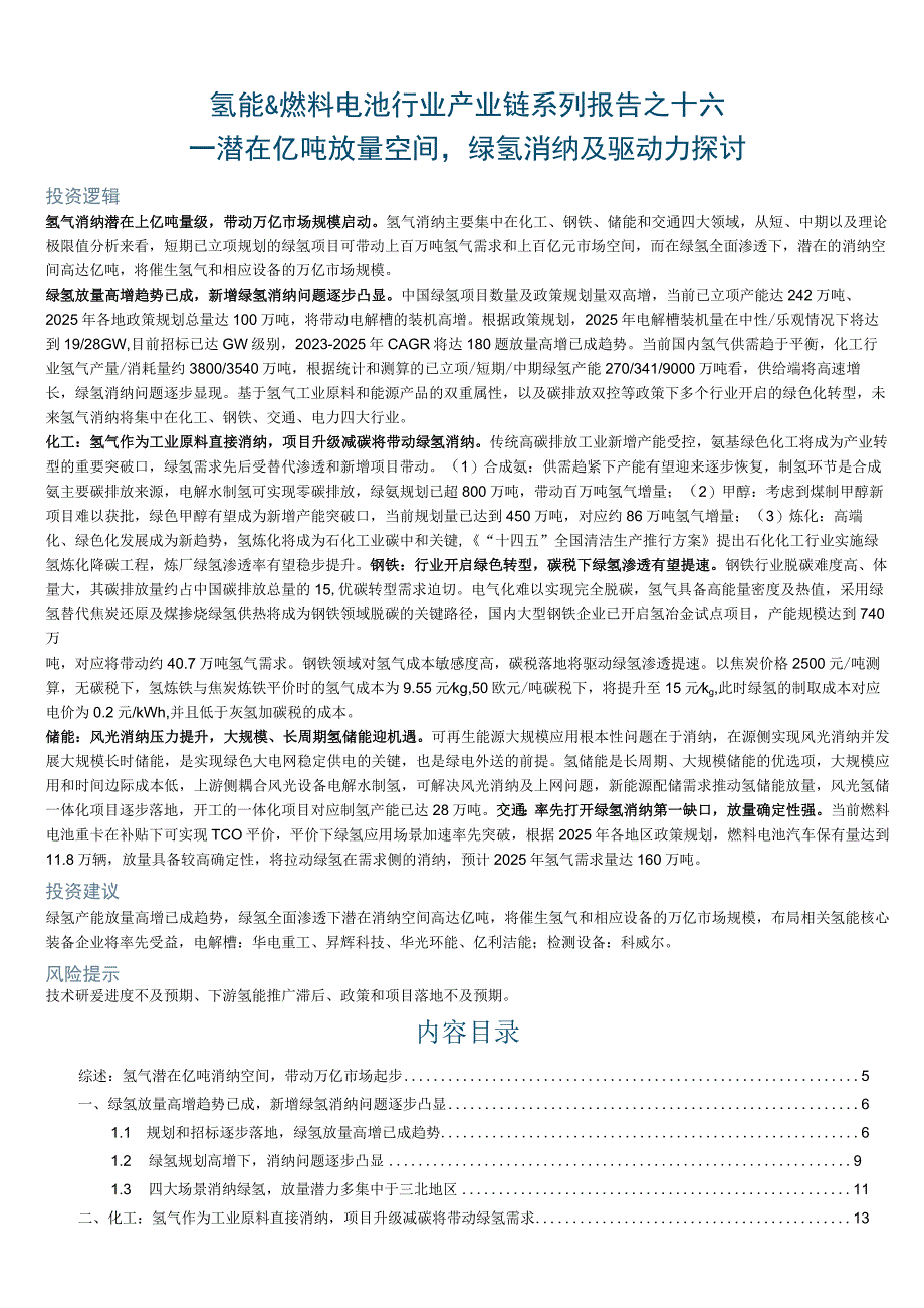 2023氢能＆燃料电池行业产业链系列报告之十六：潜在亿吨放量空间绿氢消纳及驱动力探讨.docx_第1页