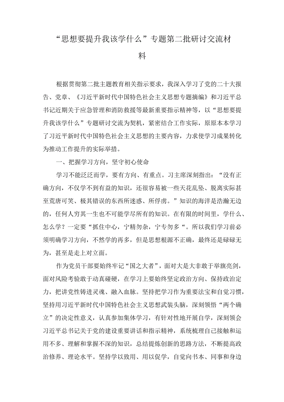 2023年“思想要提升我该学什么”专题第二批主题教育研讨交流发言材料.docx_第1页