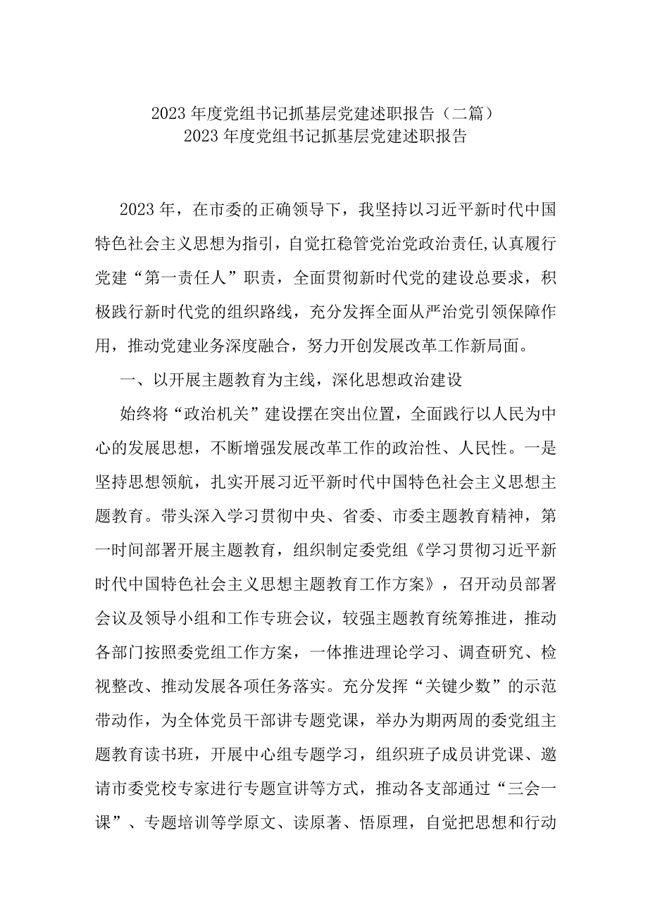 2023年度党组书记抓基层党建述职报告(二篇).docx_第1页