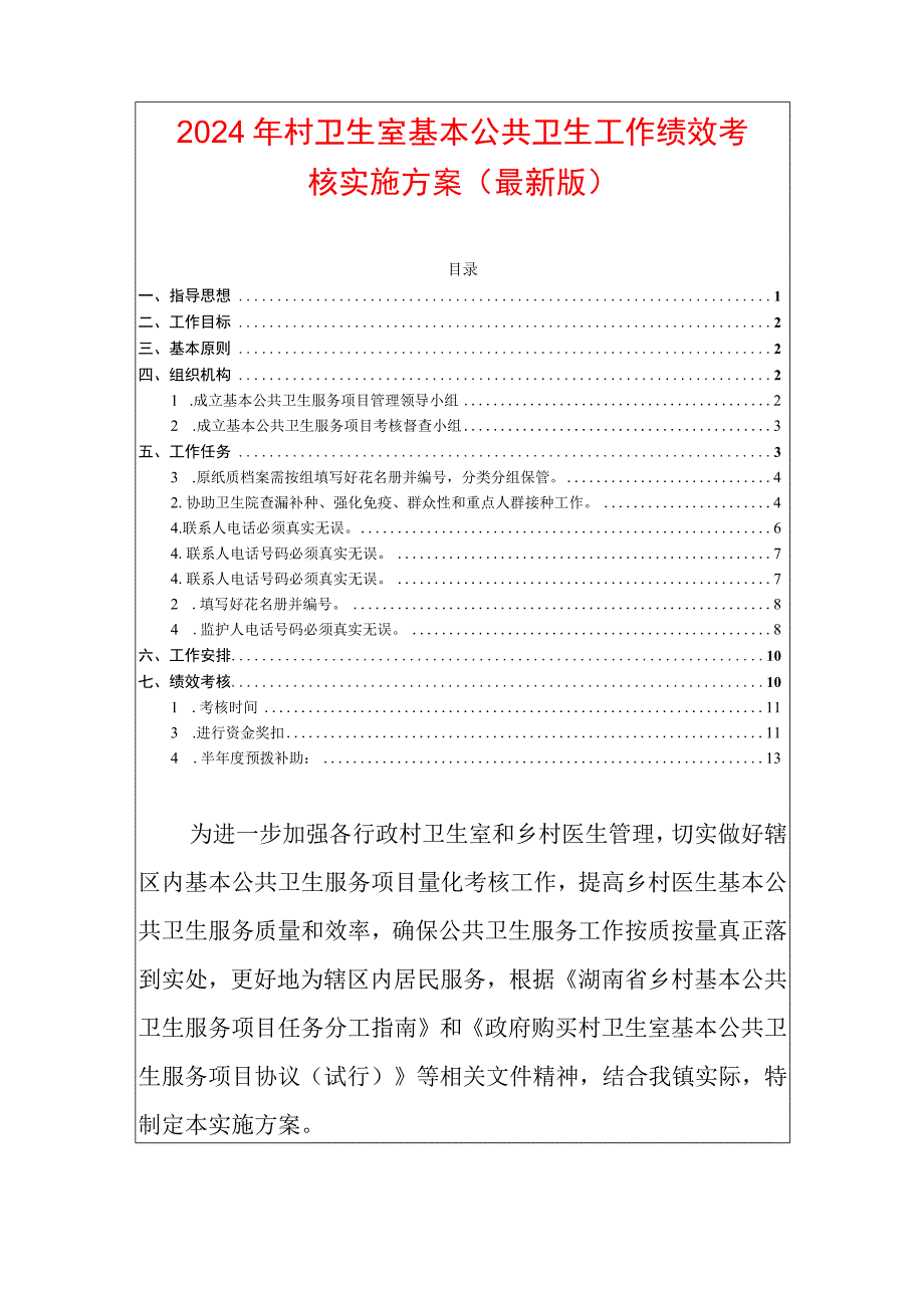 2024年村卫生室基本公共卫生工作绩效考核实施方案（最新版）.docx_第1页