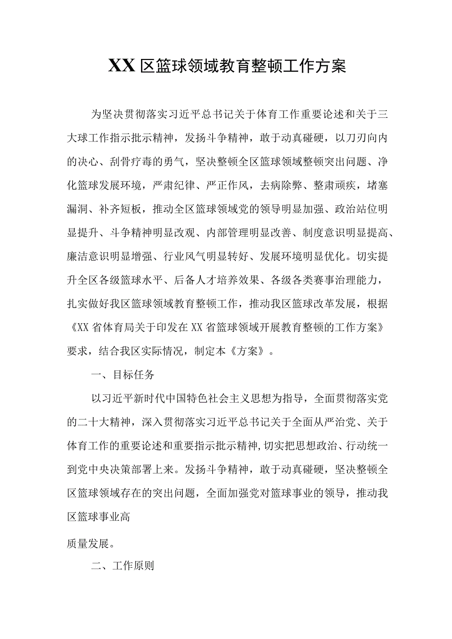 XX区篮球领域教育整顿工作方案.docx_第1页