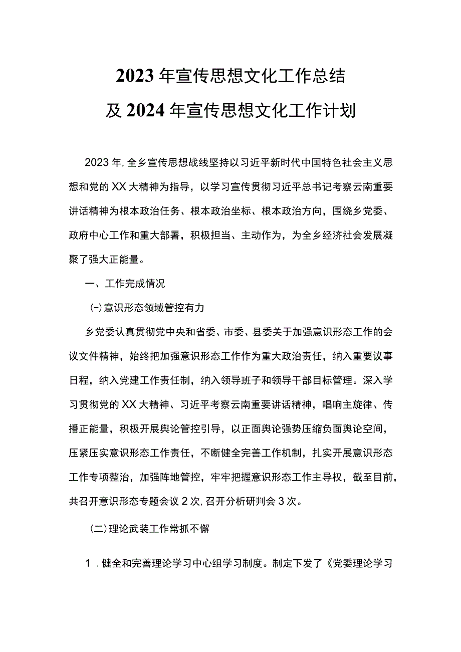 2023年宣传思想文化工作总结及2024年宣传思想文化工作计划PPT模板(讲稿).docx_第1页