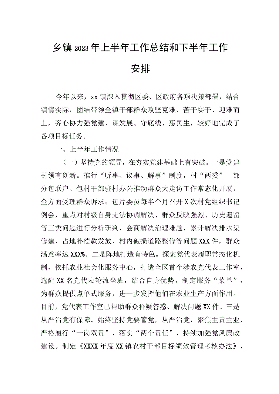 乡镇2023年上半年工作总结和下半年工作安排.docx_第1页