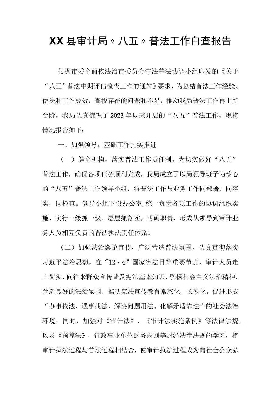 XX县审计局“八五”普法工作自查报告.docx_第1页