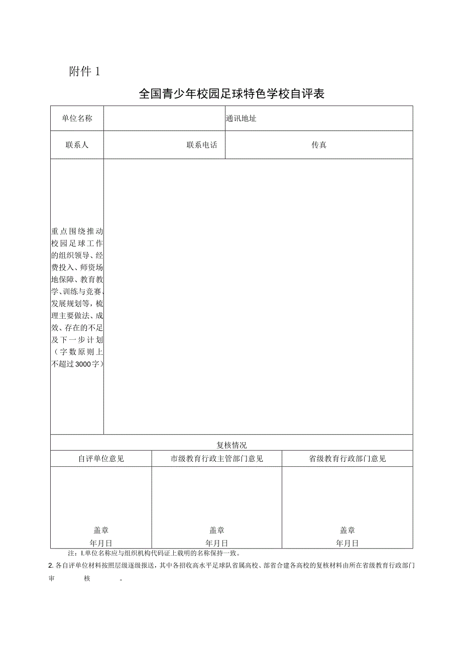 全国青少年校园足球特色学校自评表、复核指标体系、自评报告模板.docx_第1页