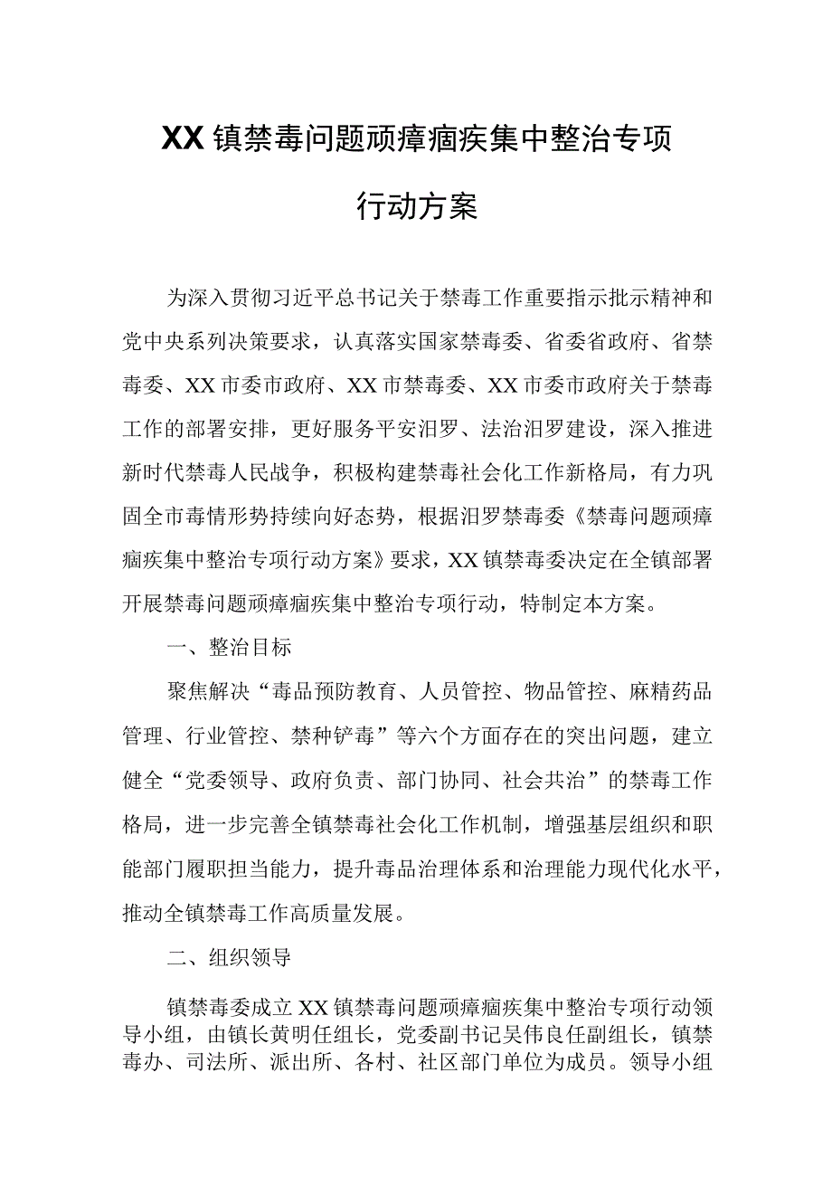 XX镇禁毒问题顽瘴痼疾集中整治专项行动方案.docx_第1页