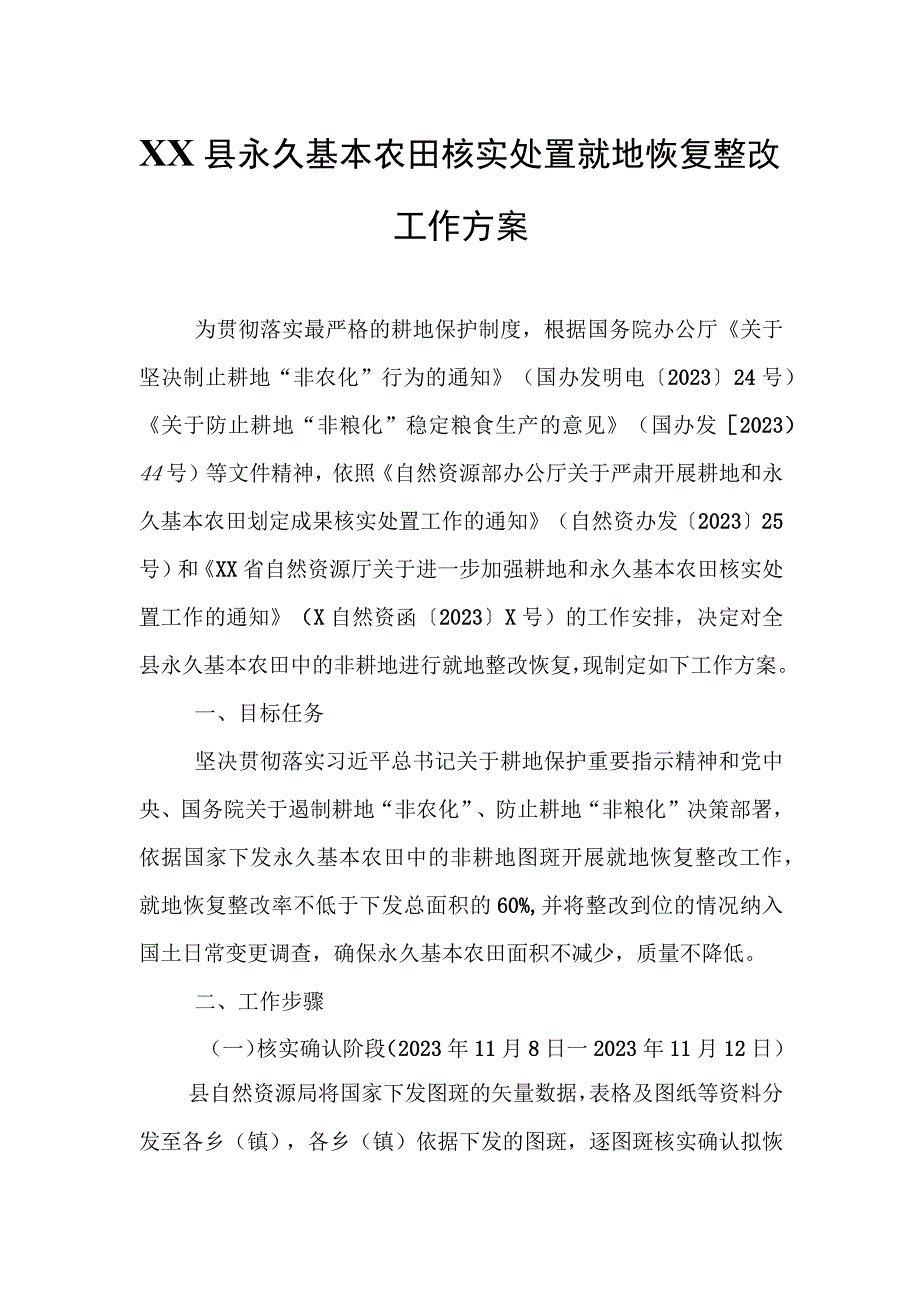 XX县永久基本农田核实处置就地恢复整改工作方案.docx_第1页