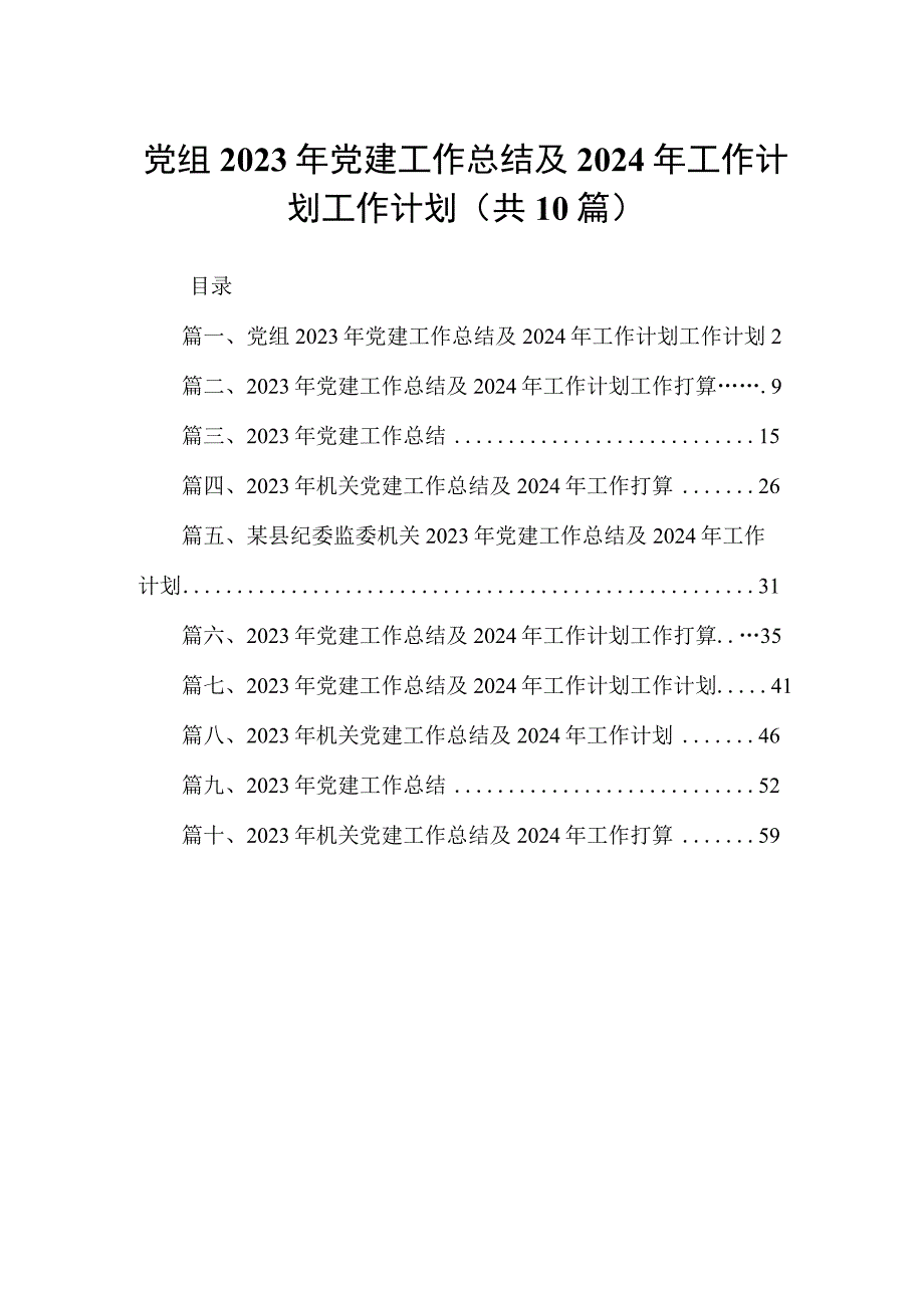 党组2023年党建工作总结及2024年工作计划工作计划（共10篇）.docx_第1页