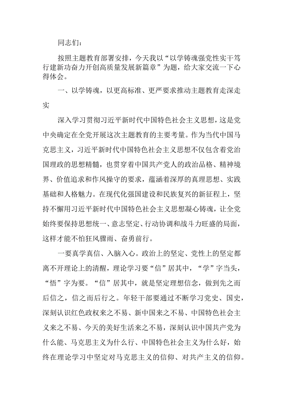 主题教育党课讲稿： 以学铸魂强党性 实干笃行建新功 奋力开创高质量发展新篇章.docx_第1页