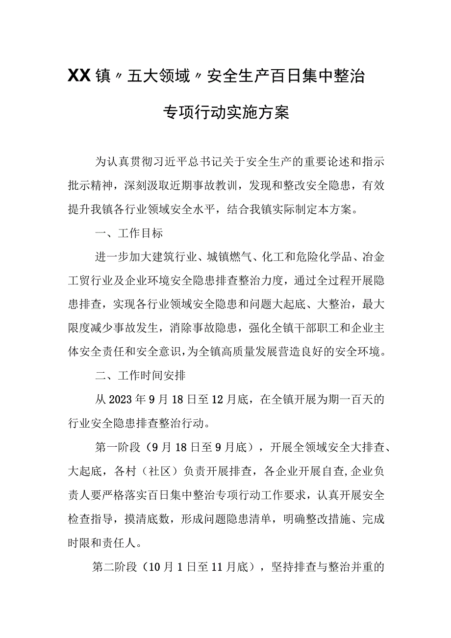 XX镇“五大领域”安全生产百日集中整治专项行动实施方案.docx_第1页