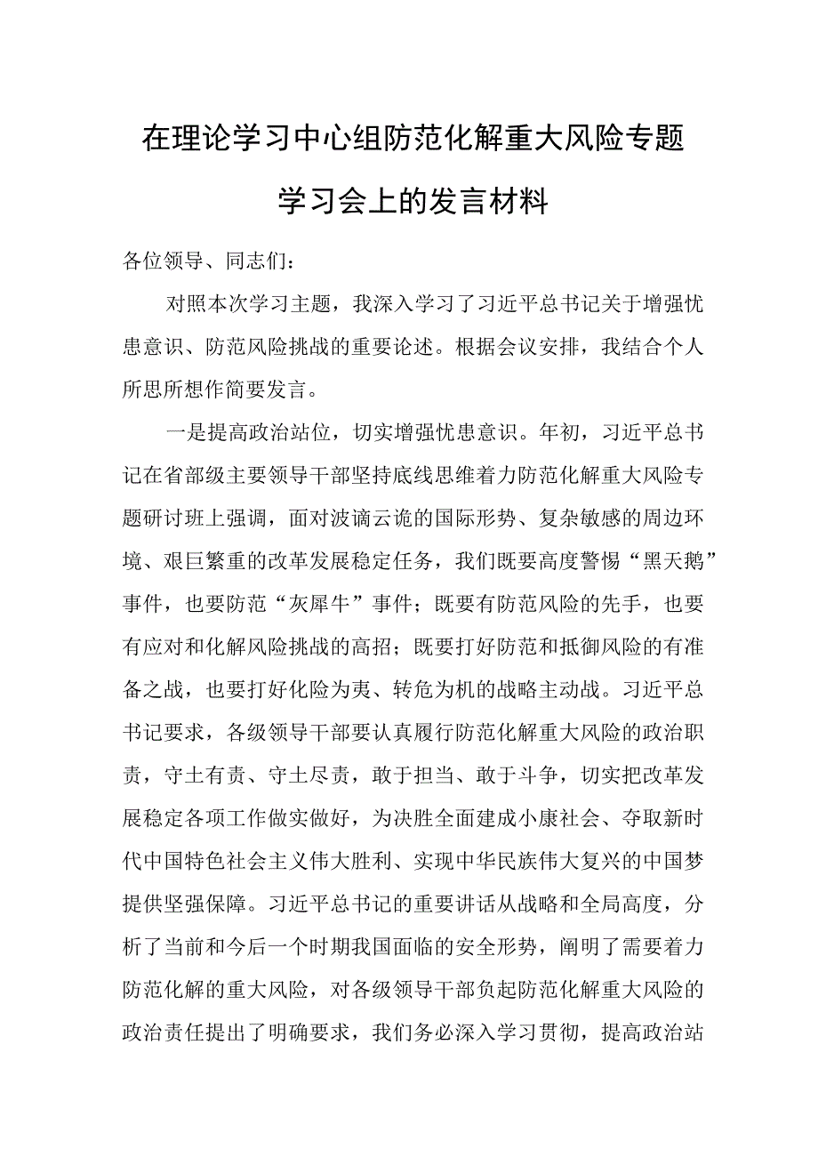 在理论学习中心组防范化解重大风险专题学习会上的发言材料.docx_第1页