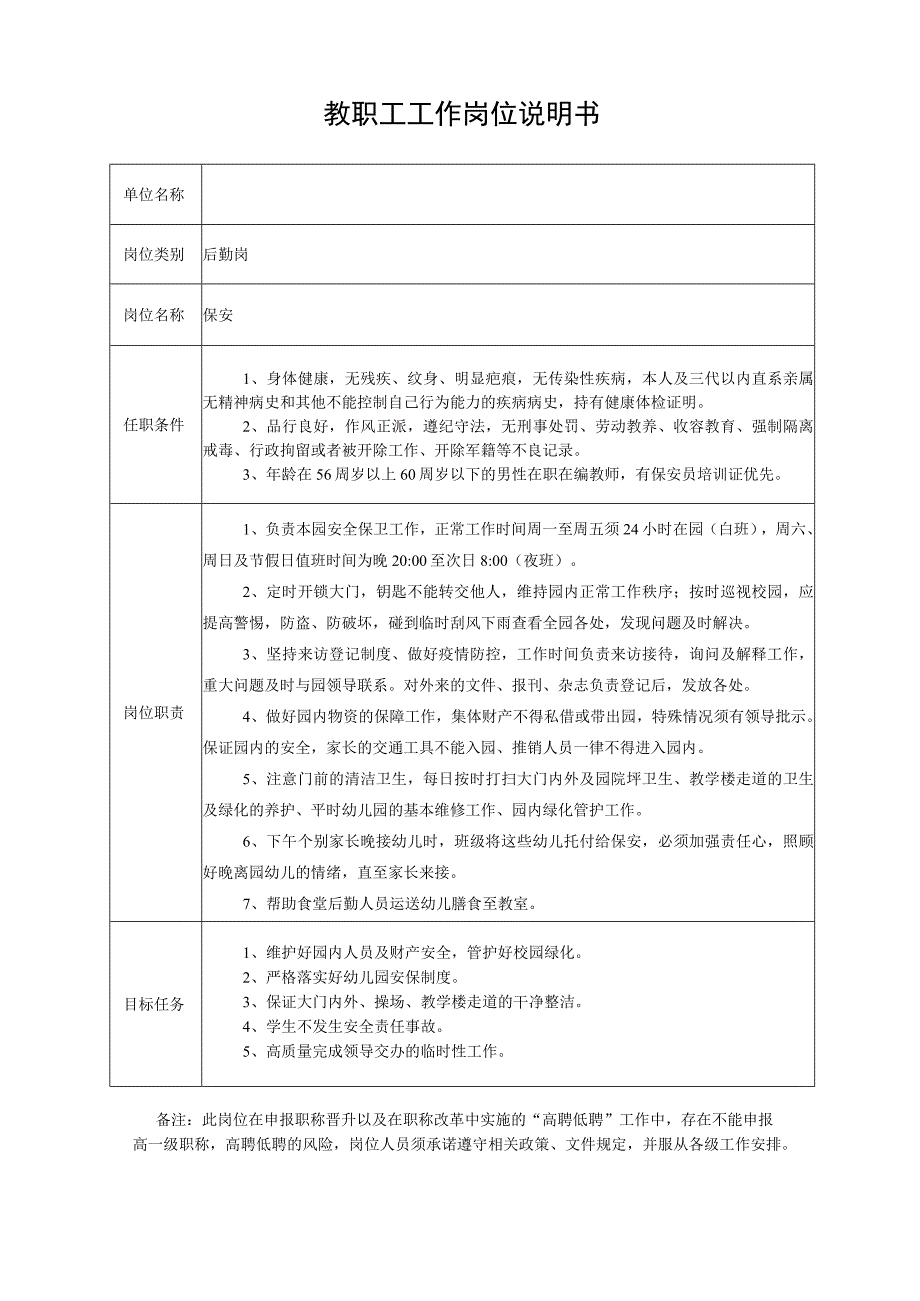 教职工工作岗位说明书（中心幼儿园保安员）.docx_第1页