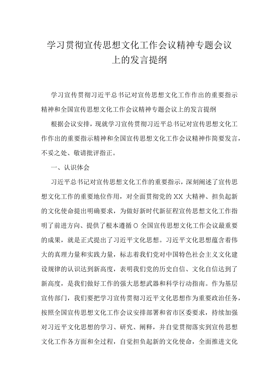 学习贯彻宣传思想文化工作会议精神专题会议上的发言提纲.docx_第1页