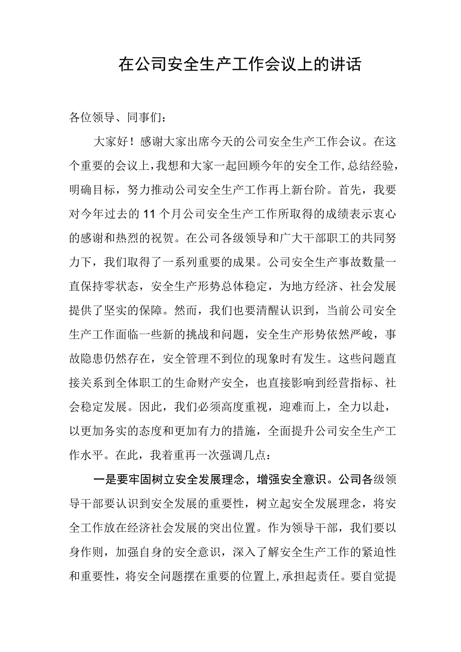 在公司安全生产工作会议上的讲话.docx_第1页