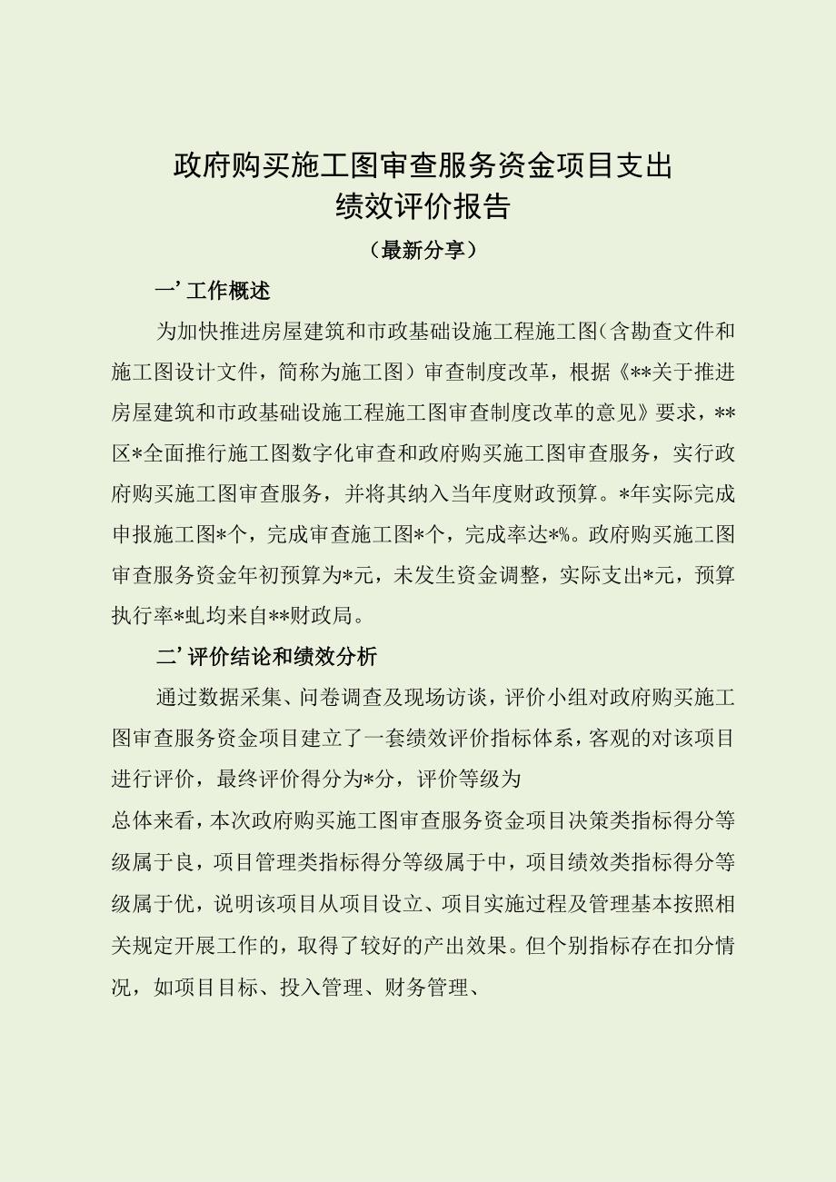 政府购买施工图审查服务资金项目支出绩效评价报告（最新分享）(1).docx_第1页