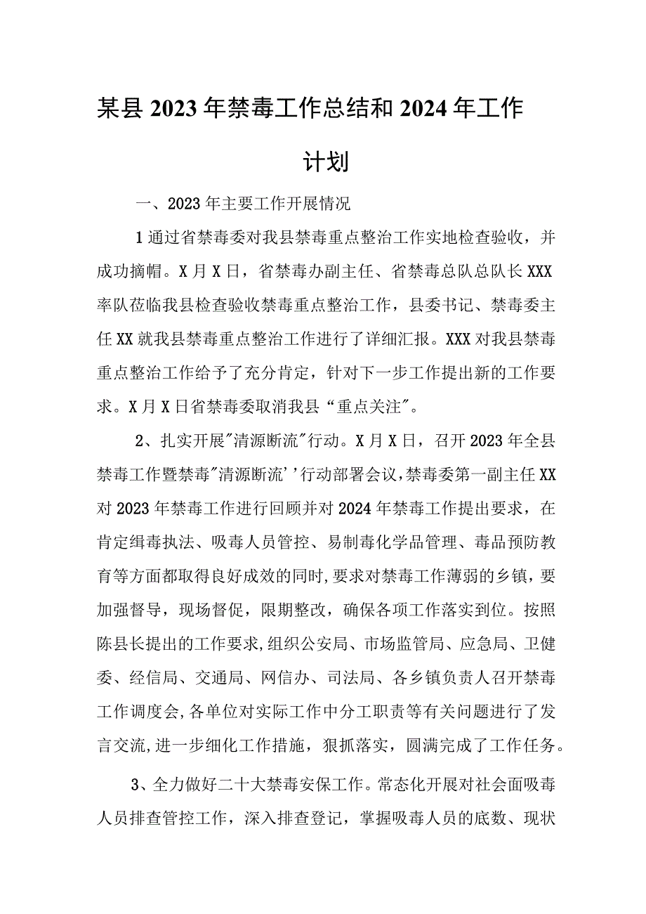 某县2023年禁毒工作总结和2024年工作计划.docx_第1页