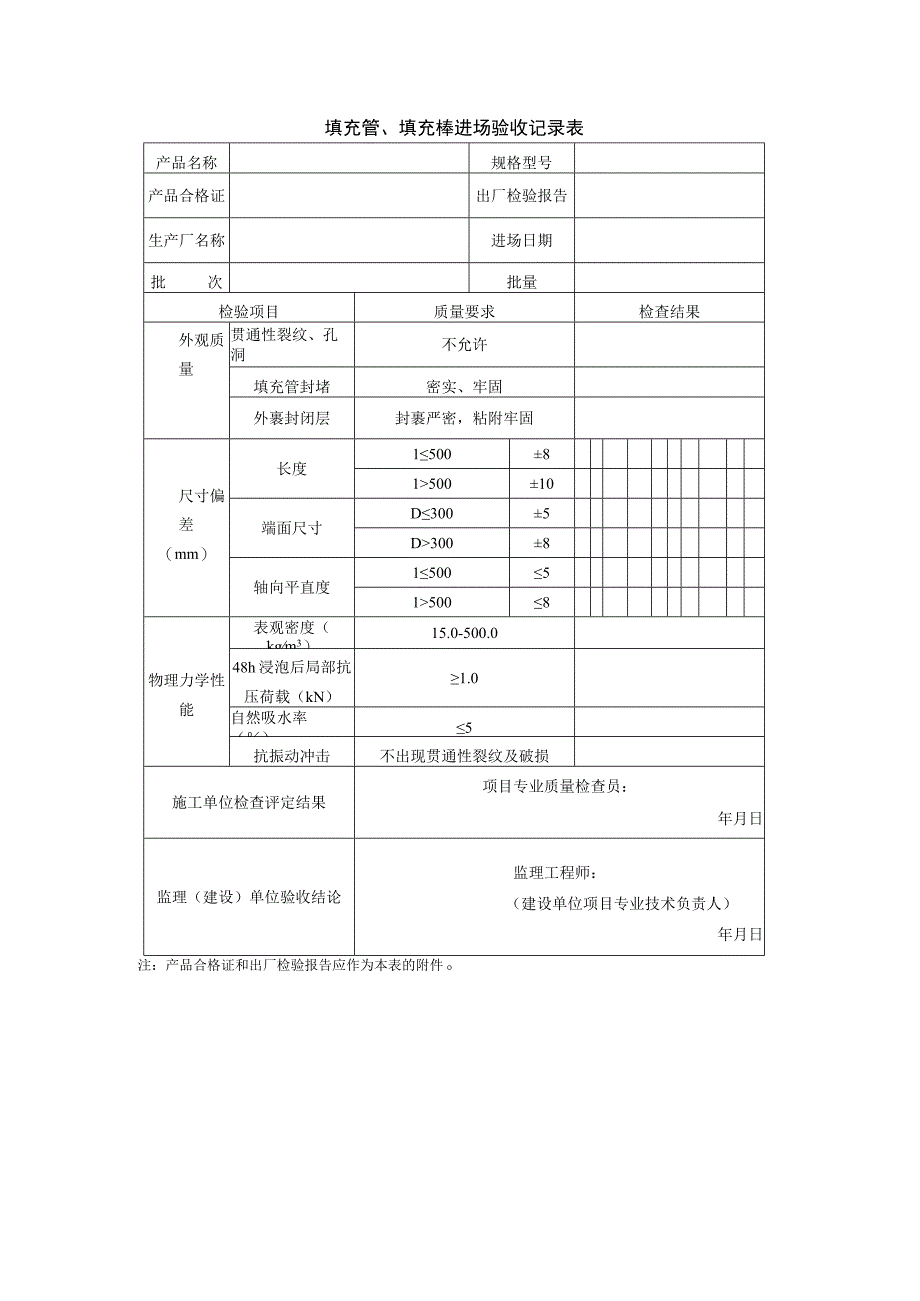 填充管、填充棒进场验收记录表.docx_第1页