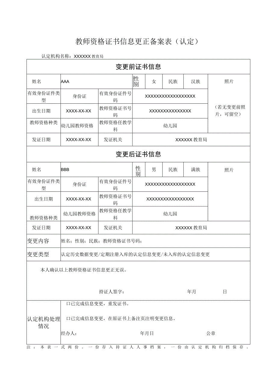 教师资格证书信息更正备案表（认定）.docx_第1页