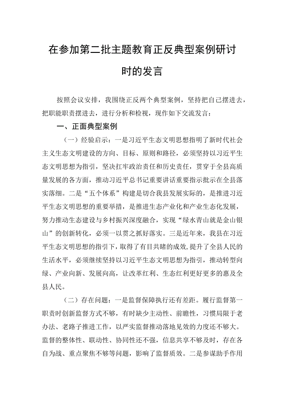 在参加第二批主题教育正反典型案例研讨时的发言.docx_第1页