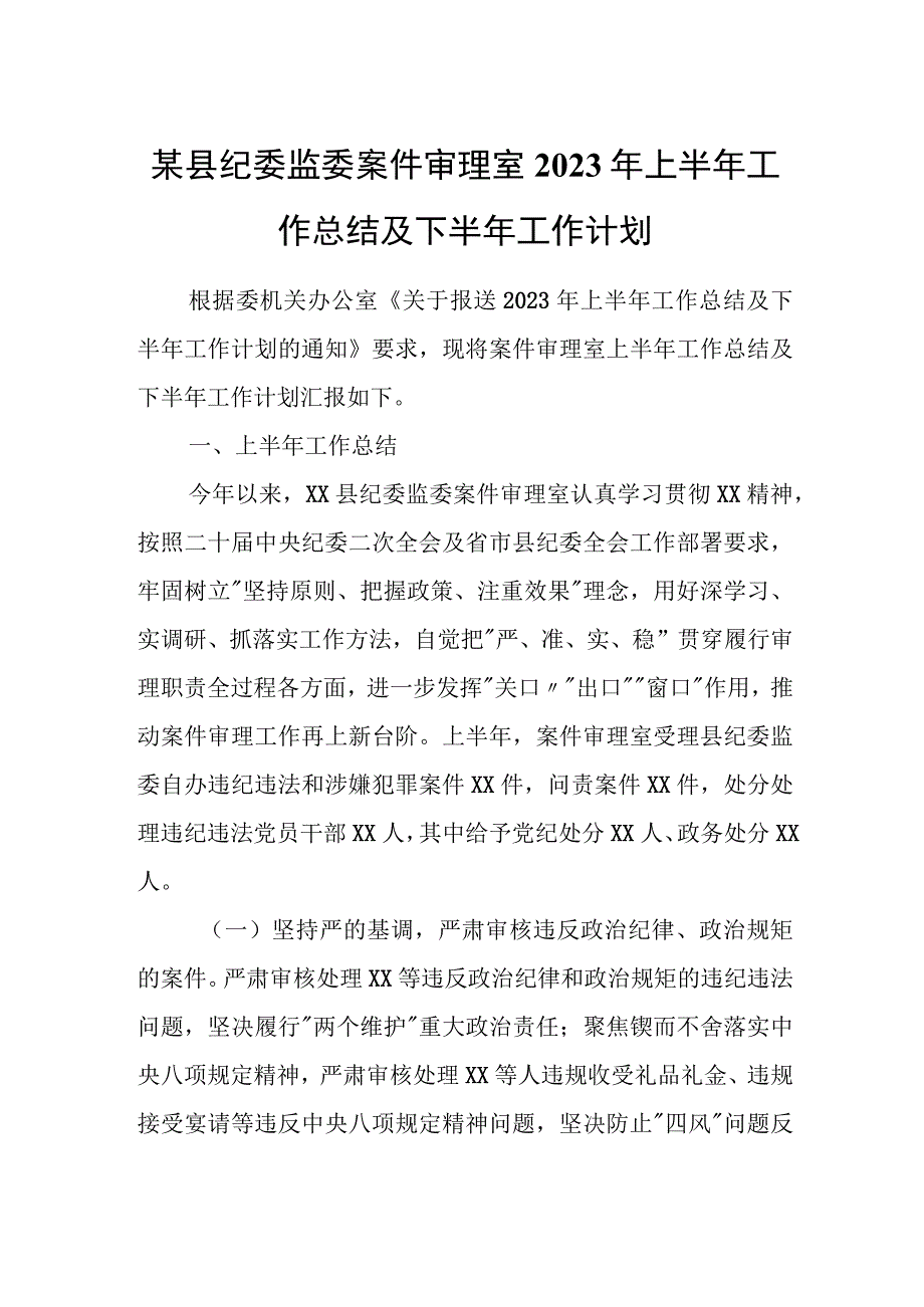 某县纪委监委案件审理室2023年上半年工作总结及下半年工作计划.docx_第1页