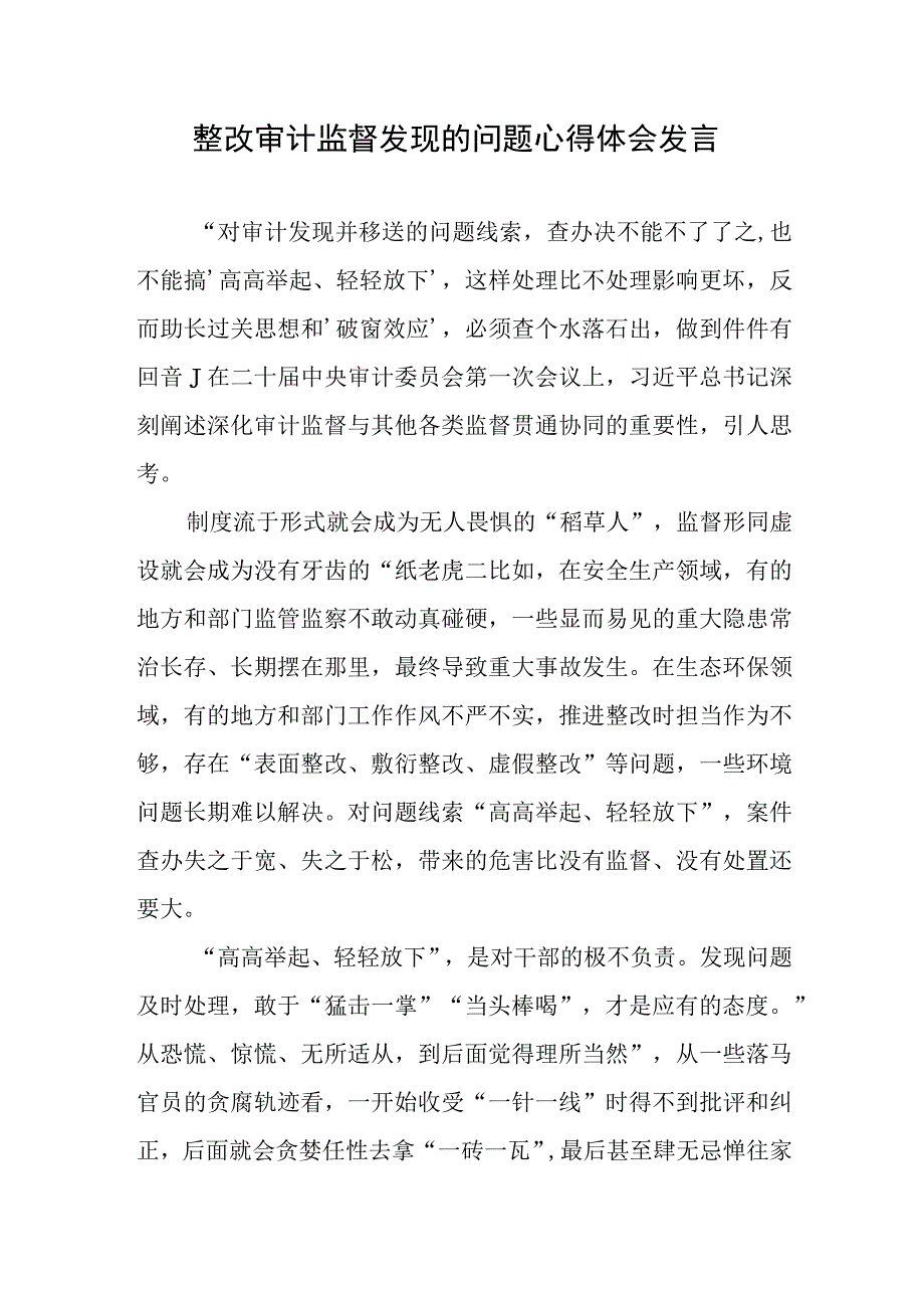 整改审计监督发现的问题心得体会发言.docx_第1页