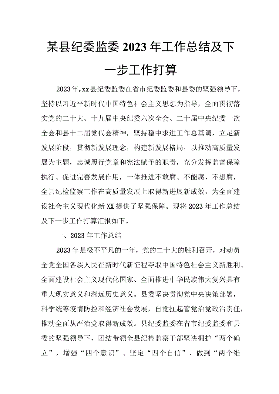 某县纪委监委2023年工作总结及下一步工作打算.docx_第1页