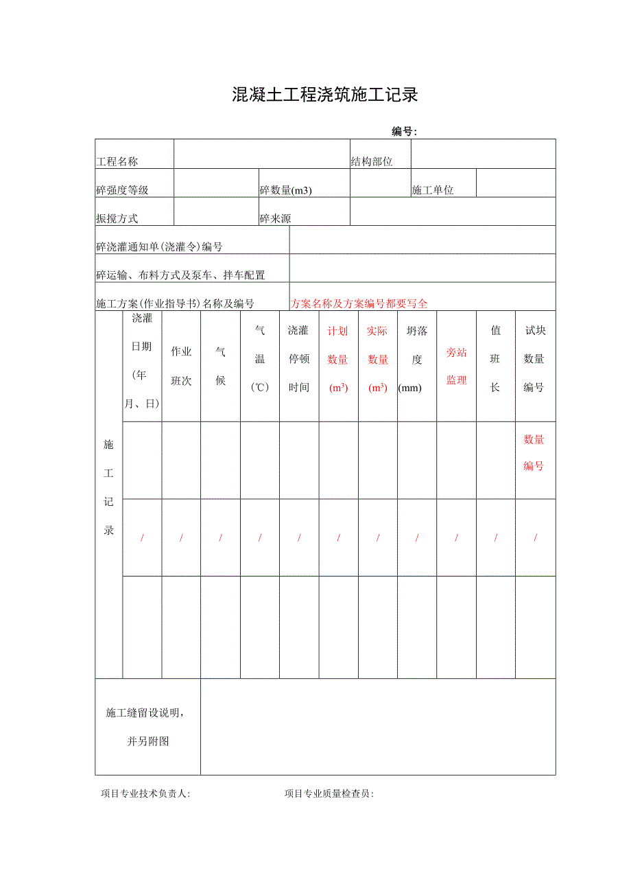 混凝土工程浇筑施工记录.docx_第1页