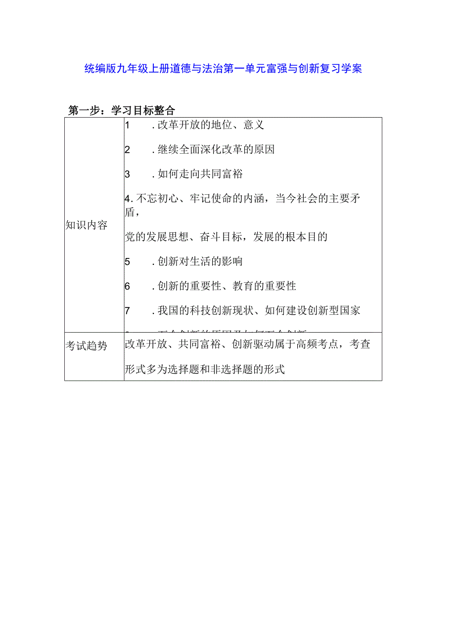 统编版九年级上册道德与法治第一单元富强与创新复习学案.docx_第1页