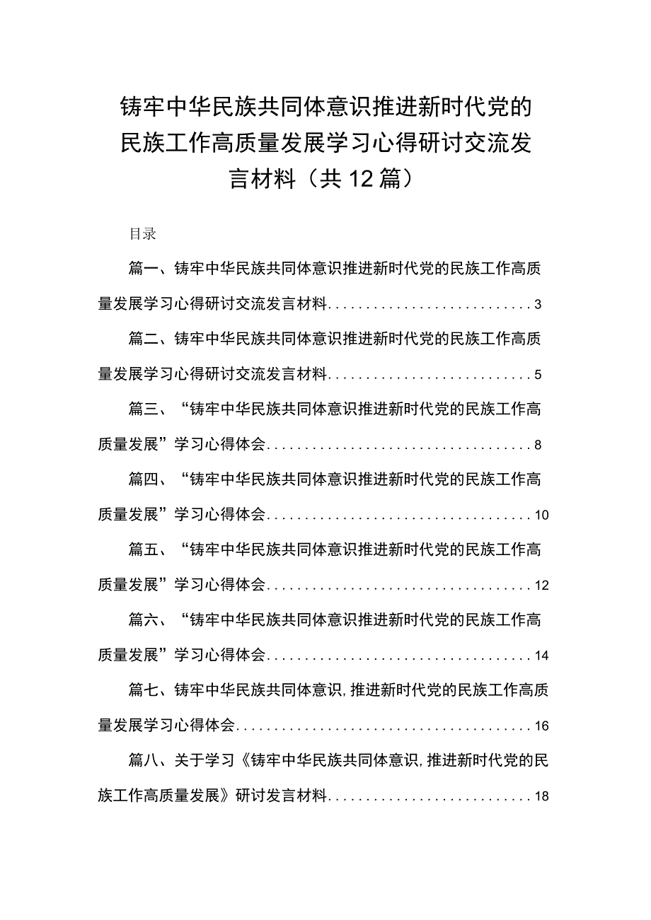 铸牢中华民族共同体意识推进新时代党的民族工作高质量发展学习心得研讨交流发言材料（共12篇）.docx_第1页