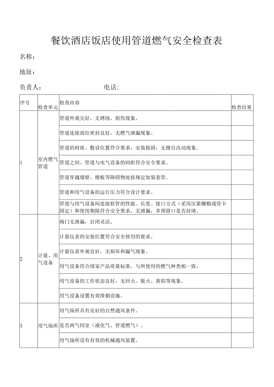 餐饮酒店饭店使用管道燃气安全检查表.docx_第1页