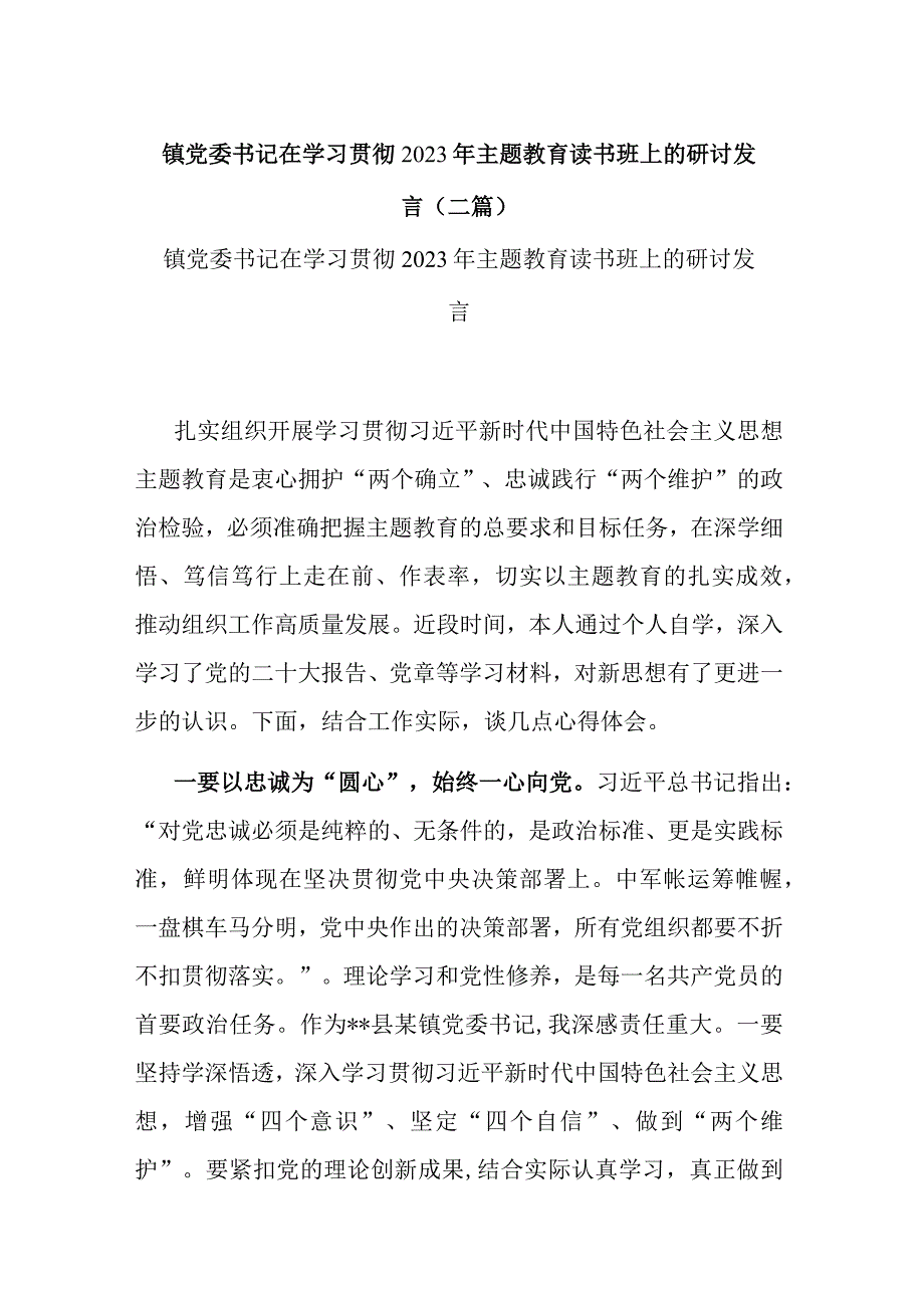 镇党委书记在学习贯彻2023年主题教育读书班上的研讨发言(二篇).docx_第1页